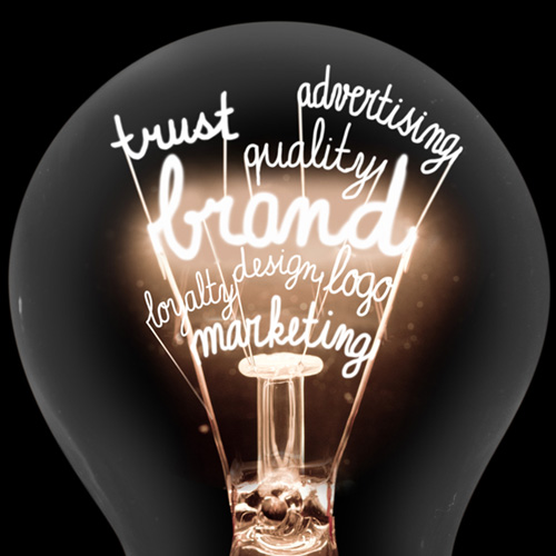 Brand-related terms in a lightbulb, representing emotion in marketing